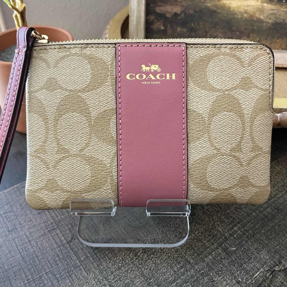 Coach Signature Tan and Pink Wristlet
